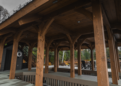 Close up view of timberframed 2 bay boathouse.