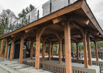 Close up view of timber framed 2 bay boathouse.