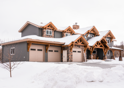 Front view of timber framed home in Manitoba.