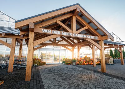 Gable view of timber entryway at Van Der Meer Garden Centre.