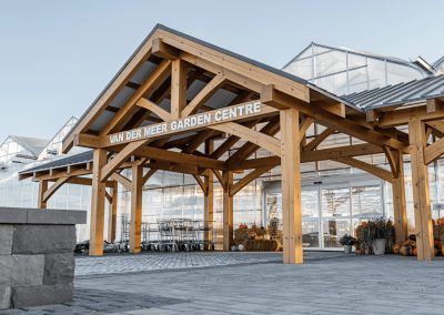 Gable view of the Van Der Meer Garden Centre timber frame entryway.