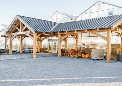 Full view of the timber framed entry way for Van Der Meer Garden Center, Île-des-Chênes, Manitoba.